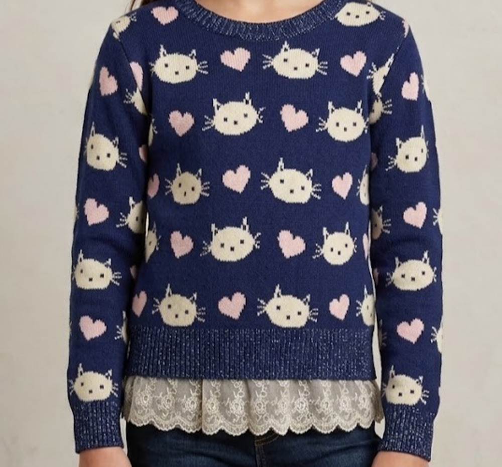 Self Esteem Sweater Size 5 Girls Blue Cat Heart Pattern Lace Trim Metallic Knit